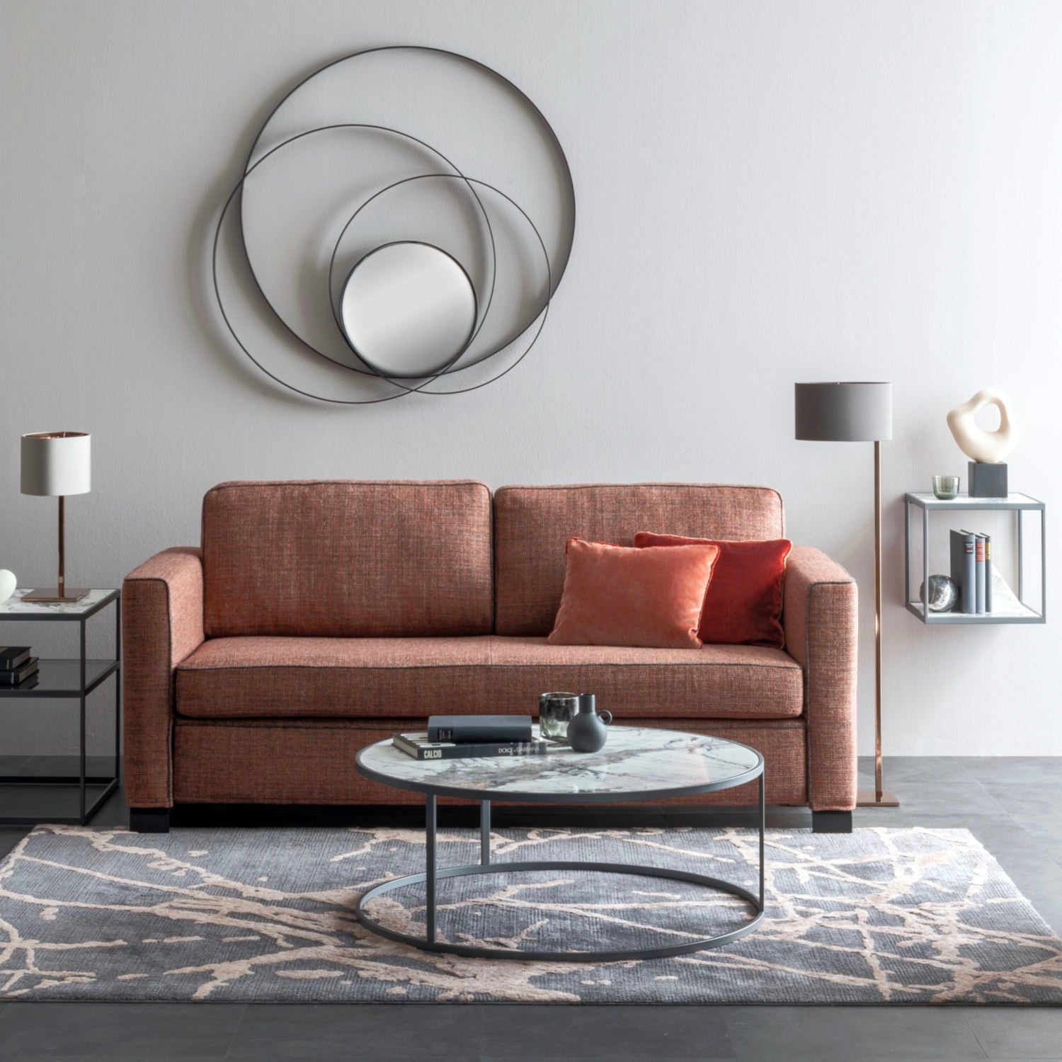 JULYA Sofa, SOLEY mirror, CAMEO table, MONO lamps by Christine Kröncke